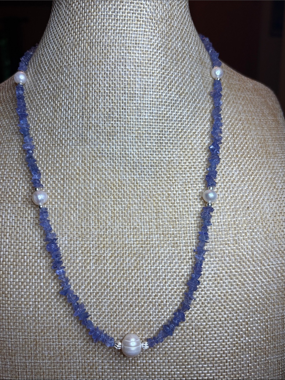 Tanzanite, FW pearl & sterling silver necklace